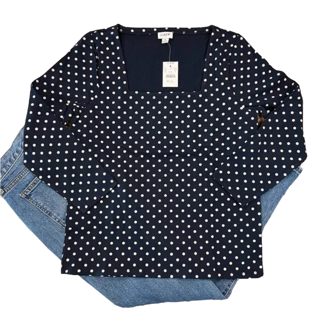 J. Crew Factory Navy Blue Polka Dot Long Sleeve Top